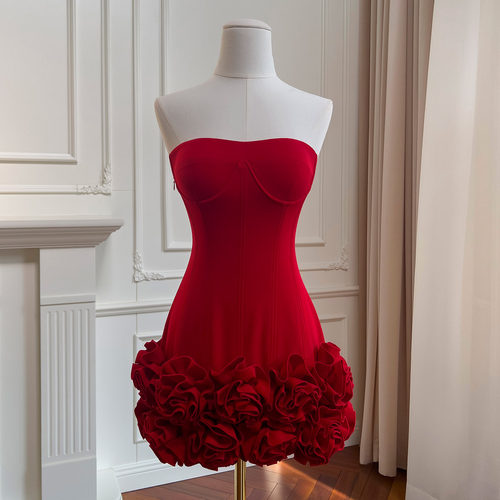 Red Strapless Sheath Mini Dress with Fitted Waist for Women