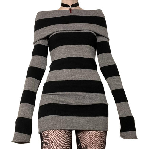 Y2K Stripe Turtleneck One-Shoulder Knit Dress Women Autumn
