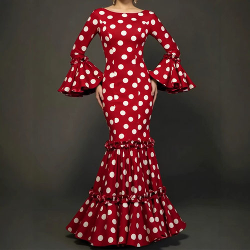 Women's Fitted Bodycon Skater Dress with Polka Dots Long