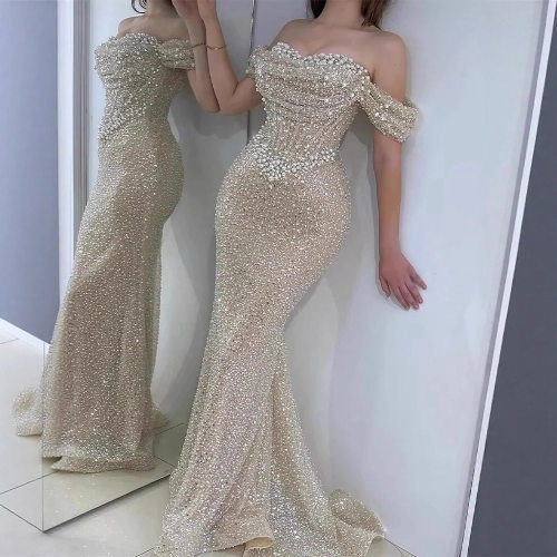 One-Shoulder Sequin Lace Fitted Mermaid Gown Evening Dress