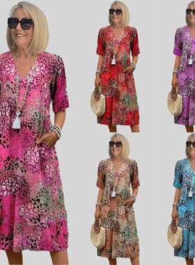 Retro Vacation Dress 复古印花V领插袋度假裙