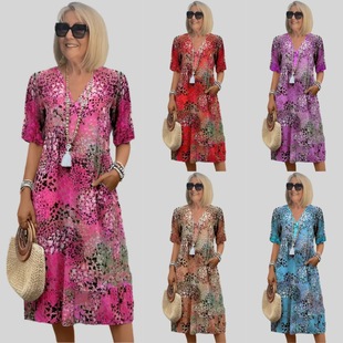 复古印花V领插袋度假裙 Dress Retro Vacation