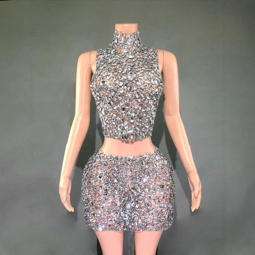 Sparkling Rhinestone Overlay Two-Piece Dress Set with Chain