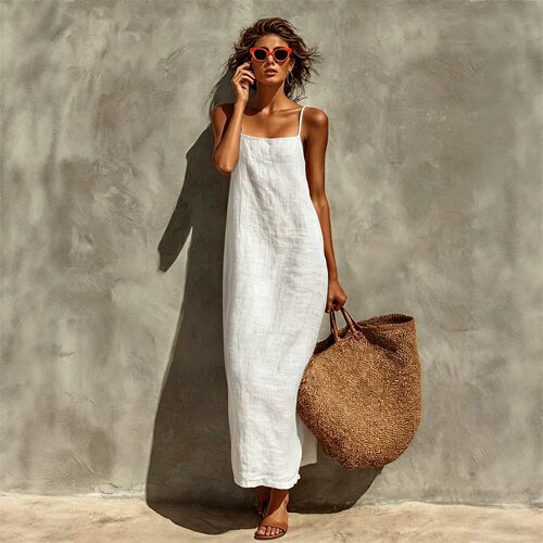 Summer Boho Standing Strap Maxi Dress Cotton Linen Loose
