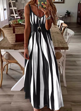 Geometric Strap Dress 夏季爆款几何图案吊带长裙