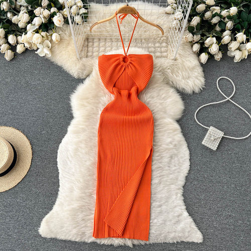 Women's Summer Knit Bodycon Maxi Dress with Halter Neck