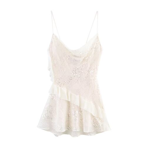 Women's Short Sleeve Layered Sequin Dress with Beaded Trim