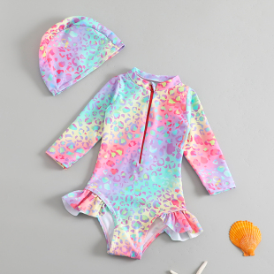 儿童连体泳衣女童中大童拉链荷叶边可爱宝宝防晒速干女孩泳装 长袖