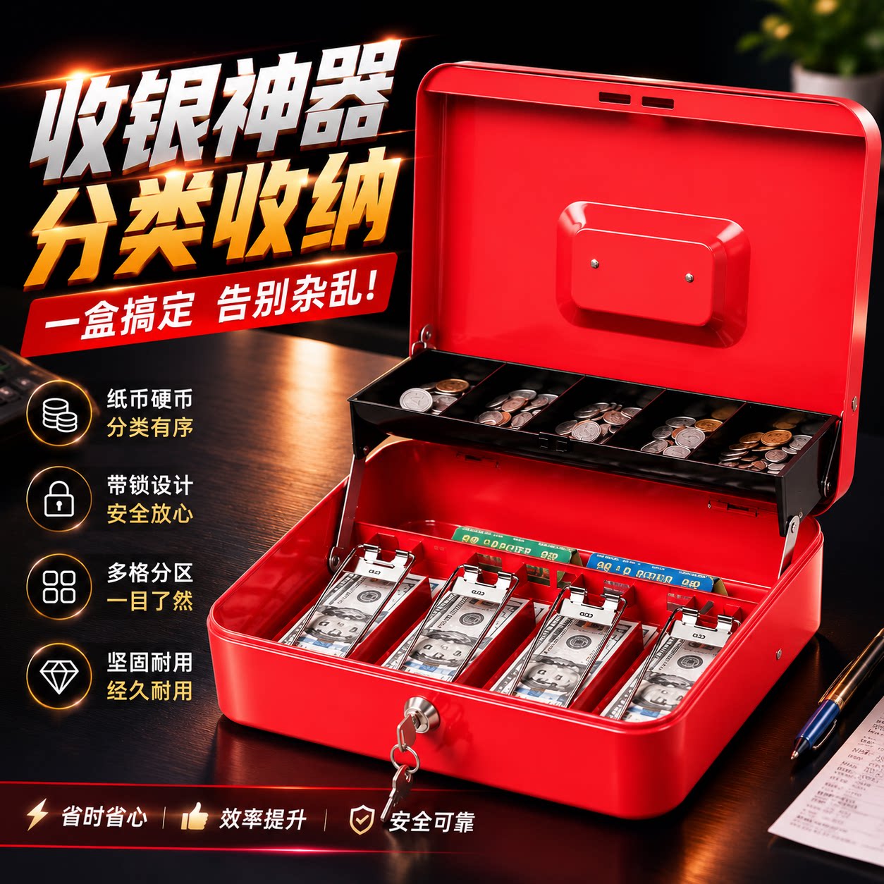 密码存钱罐大收纳盒储蓄罐收银钱箱盒钥匙票据箱纸硬币分类收款箱