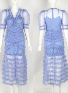 2024秋季新款法式名媛紫色仙女裙不规则网纱复古荷叶边度假长裙