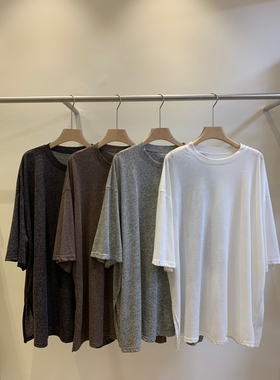 2024夏季新款日系百搭宽松圆领开叉花灰色麻料大版T恤女胖MM女装