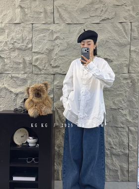 法式大码白色长袖衬衫女春季拼接木耳边立体花朵宽松上衣重工衬衣