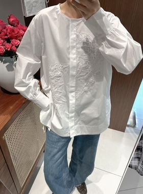 欧洲站2026春款设计感立体花刺绣白色长袖衬衫女气质宽松圆领上衣