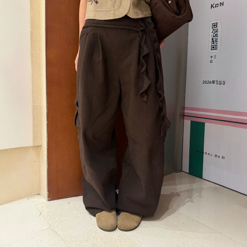 荷叶边高腰休闲裤工装裤弯刀长裤