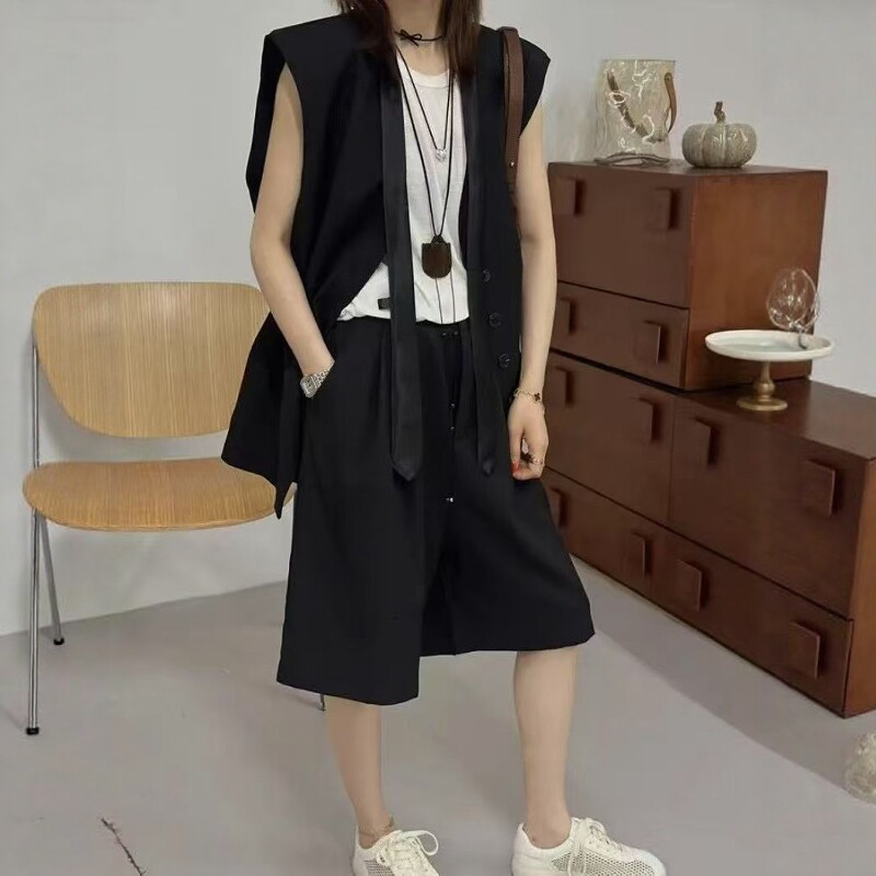 欧洲站2026春夏新款气质西装马甲套装女高级感阔腿裤短裤两件套潮