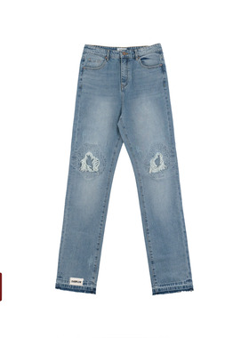 OVERFLOW 秋季水洗做旧磨毛宽松美式复古破洞直筒牛仔裤长裤