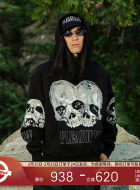 PLEASURES  创意双头骷髅印花设计连帽卫衣男女同款晕染加绒帽衫