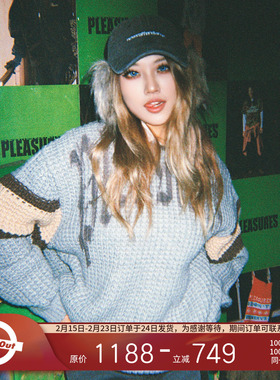 PLEASURES  拼色异形LOGO设计提花毛衣男女同款粗针撞色针织衫