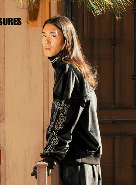 PLEASURES  袖臂创意刺绣夹克男女同款亮面缎纹复古拉链棒球外套