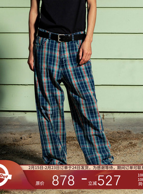PLEASURES 格纹垂感直筒裤男复古高街哑光缎纹刺绣全棉格子休闲裤