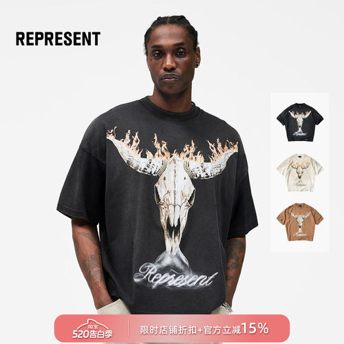 【new vintage】REPRESENT 26SS 牛仔火焰牛头骨印花做旧短袖T恤