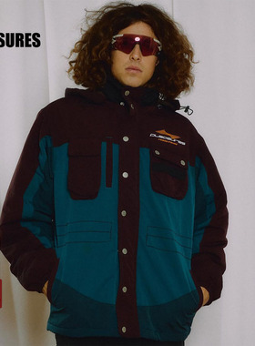 PLEASURES  拼色字母logo刺绣复古连帽外套男撞色多袋户外夹克