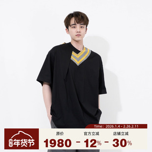 KOLOR 阿部润一 日本男款夏季拼接螺纹v领纯棉圆领宽松短袖T恤