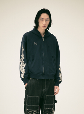 THUG CLUB 韩国先锋品牌 25FW 火焰做旧连帽拉链衫