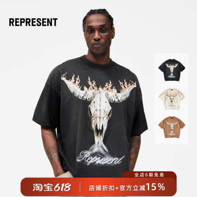 【new vintage】REPRESENT 26SS 牛仔火焰牛头骨印花做旧短袖T恤