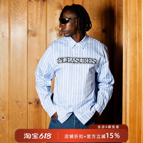 PLEASURES字母印花条纹牛津衬衫