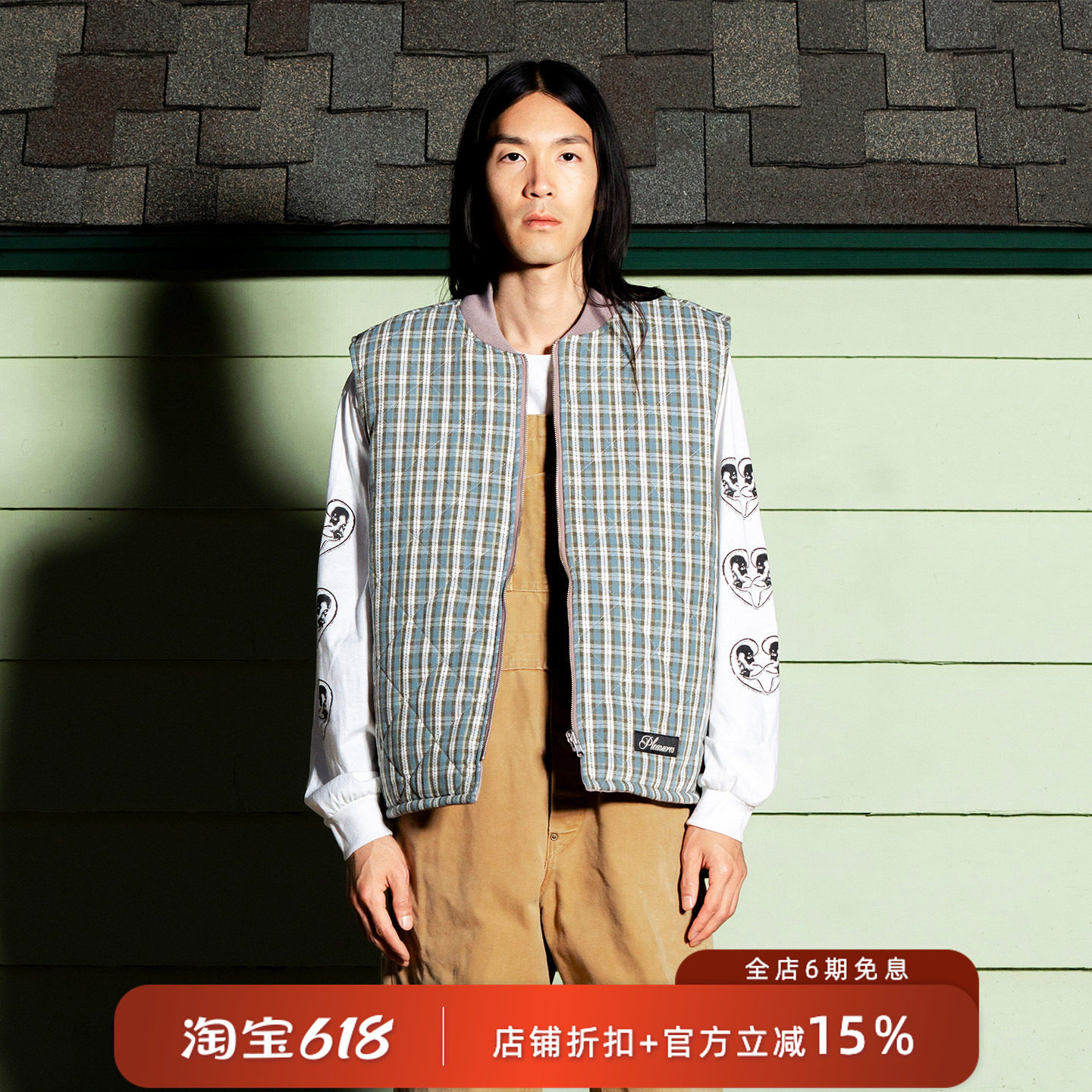 PLEASURES  字母logo装饰双面穿马甲男格纹格子拼色PU皮革棉背心