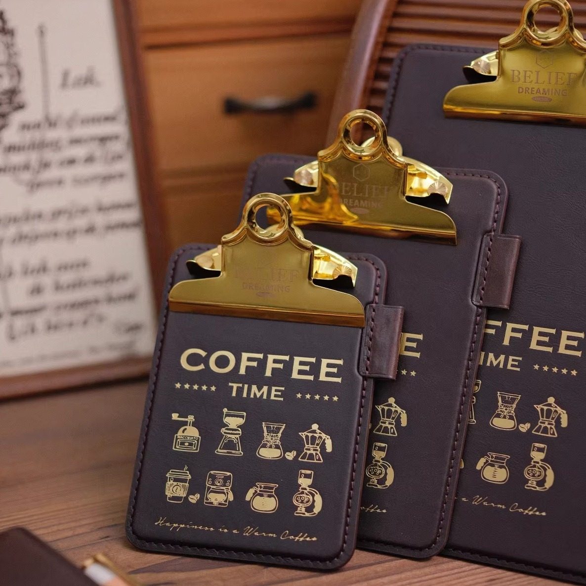 咖啡主题真皮金色夹子手帐画夹