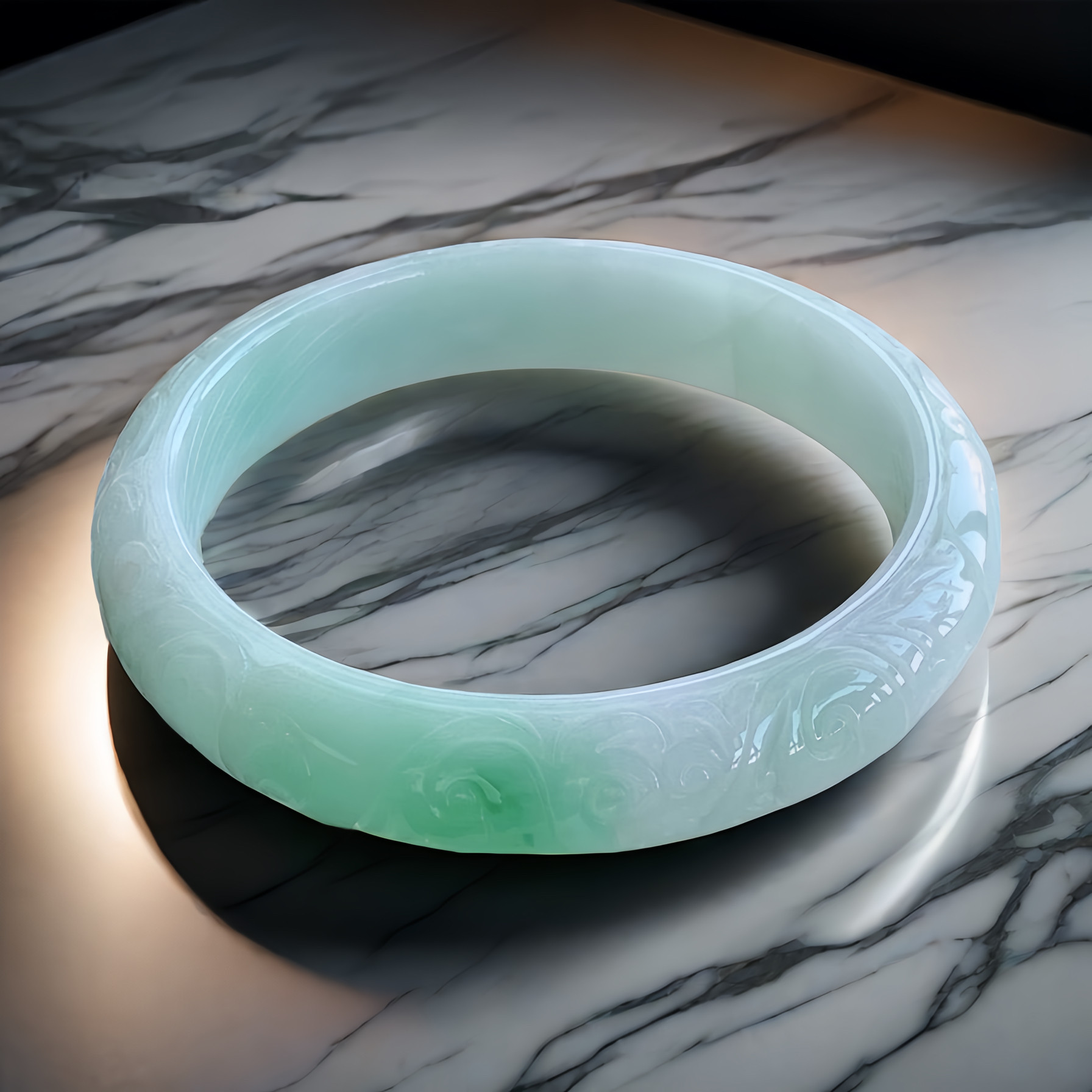 58圈缅甸天然雕花翡翠手镯52.1时尚复古女款百搭飘绿玉镯定制测量