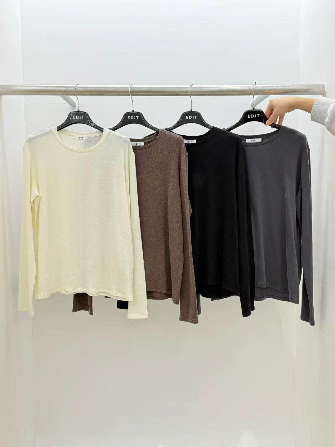 现 韩国东大门EDIT25冬季新款简约基础款缝制线圆领长袖T恤