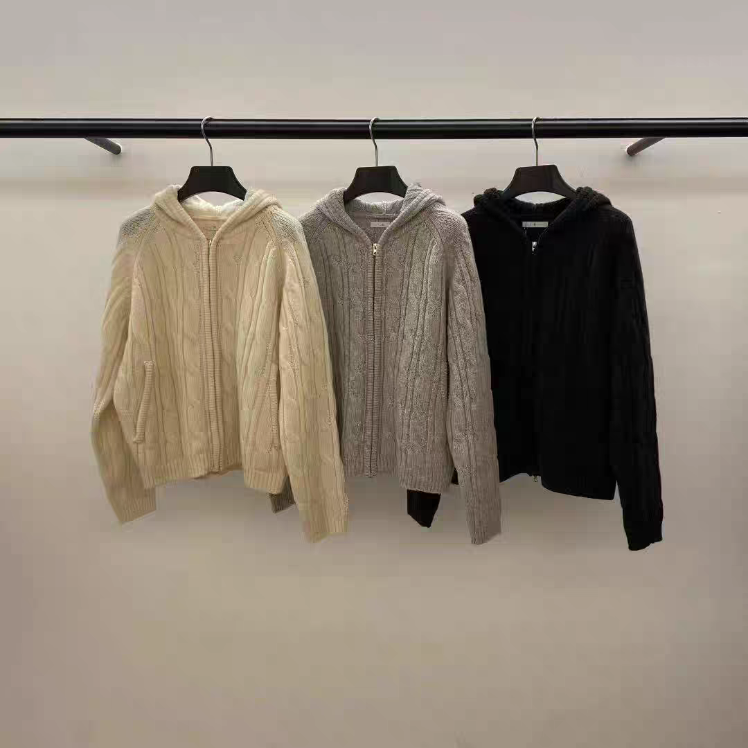 现 韩国东大门ID 25秋冬新款螺纹连帽针织毛衣外套