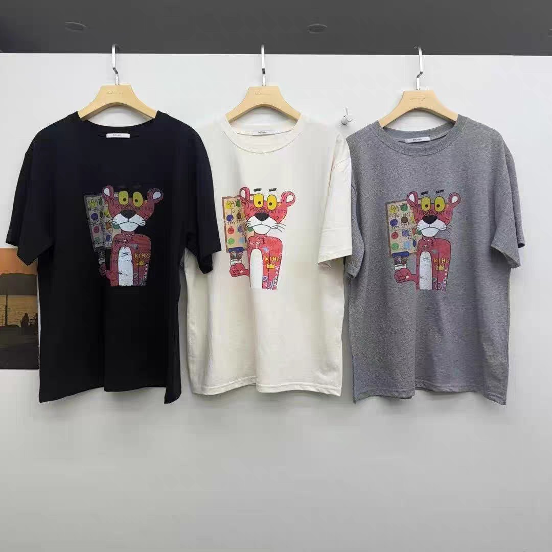 现 韩国东大门dohwaji25夏季新款休闲宽松百搭卡通粉红豹短袖T恤