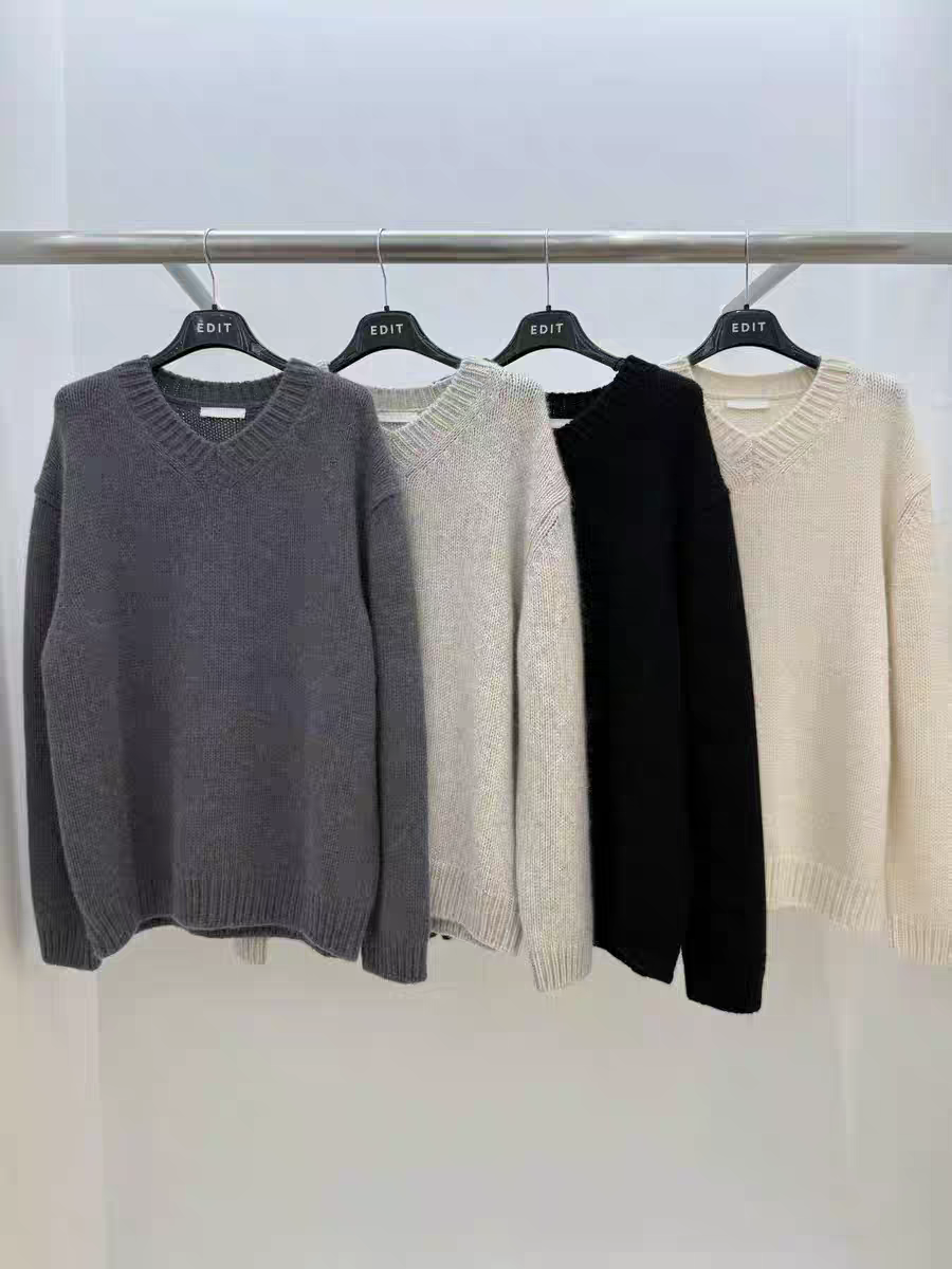 现 韩国东大门edit25秋冬新款百搭V领宽松纯色羊驼毛针织衫毛衣
