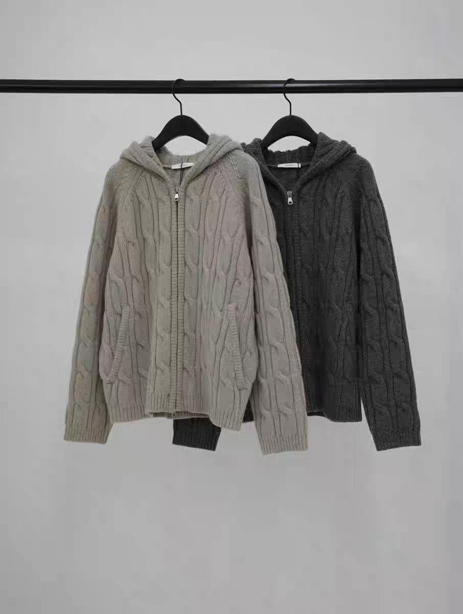 现 25冬季新款韩国东大门object女纯色拉链连帽休闲针织开衫外套