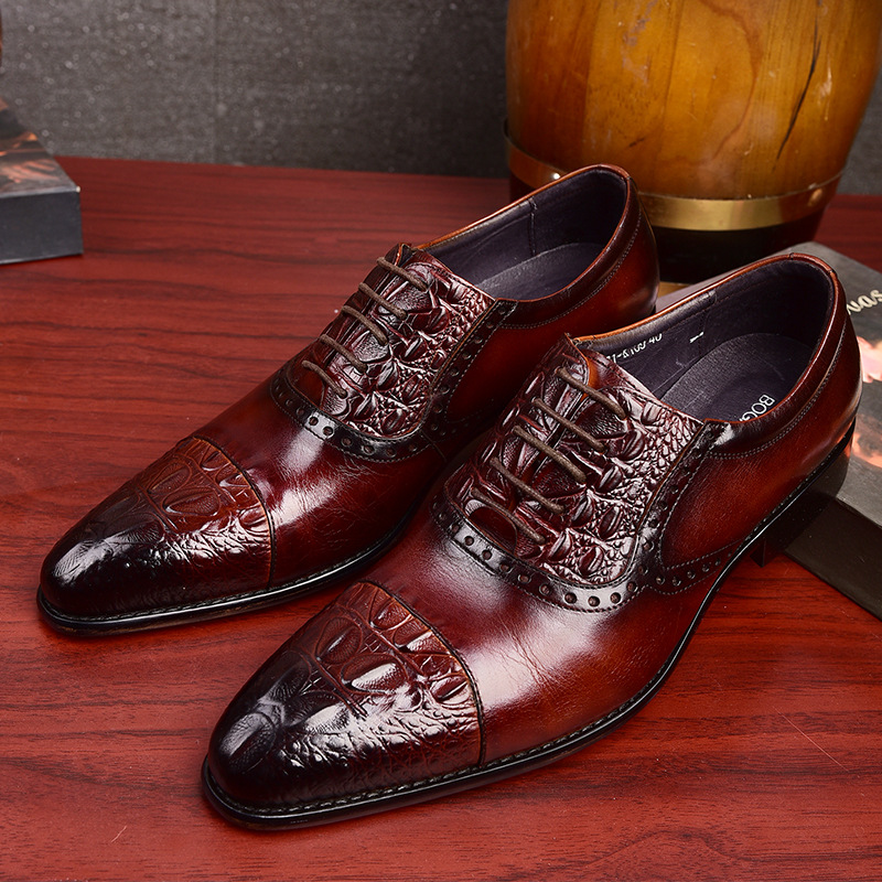 高品质男鞋2025春季男士头层牛皮鳄鱼纹正装高档皮鞋商务真皮单鞋