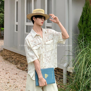 透气轻薄衬衣夏季 白口阳 男生短袖 镂空珠饰古巴领衬衫 海风织语