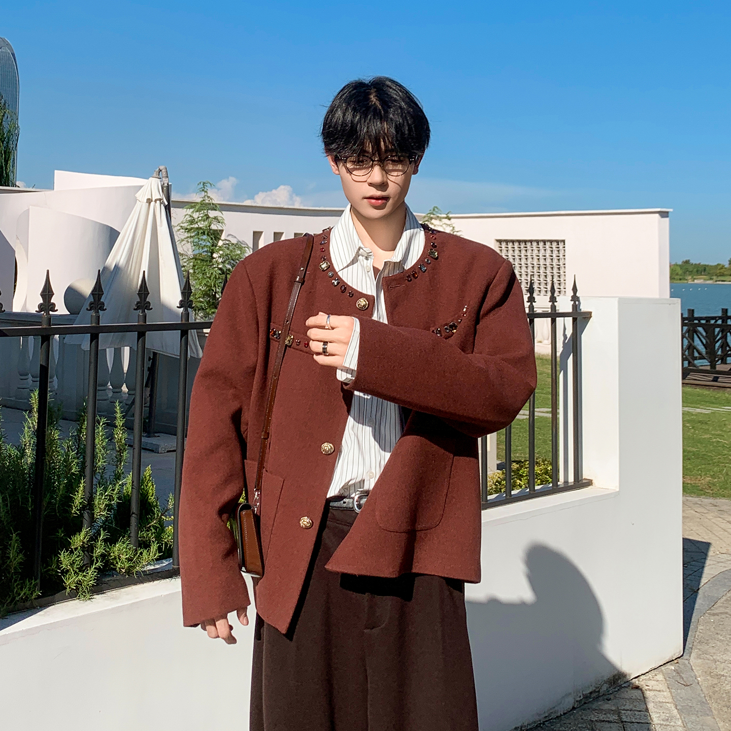 白口阳【宝石商人】手工高级定制酒红色小香风无领西装毛呢外套男