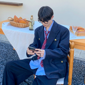 毛呢外套2025年秋冬新款 海军蓝学院风束腰西装 航海王子 白口阳