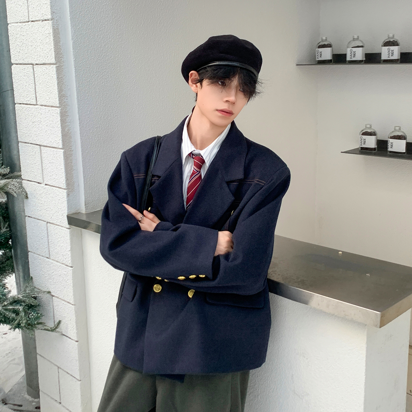 撞色线学院西装假两件西装