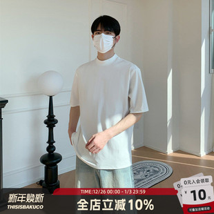 潮流ins五分袖 精致韩版 日常简约百搭纯色t恤男高领短袖 白口阳