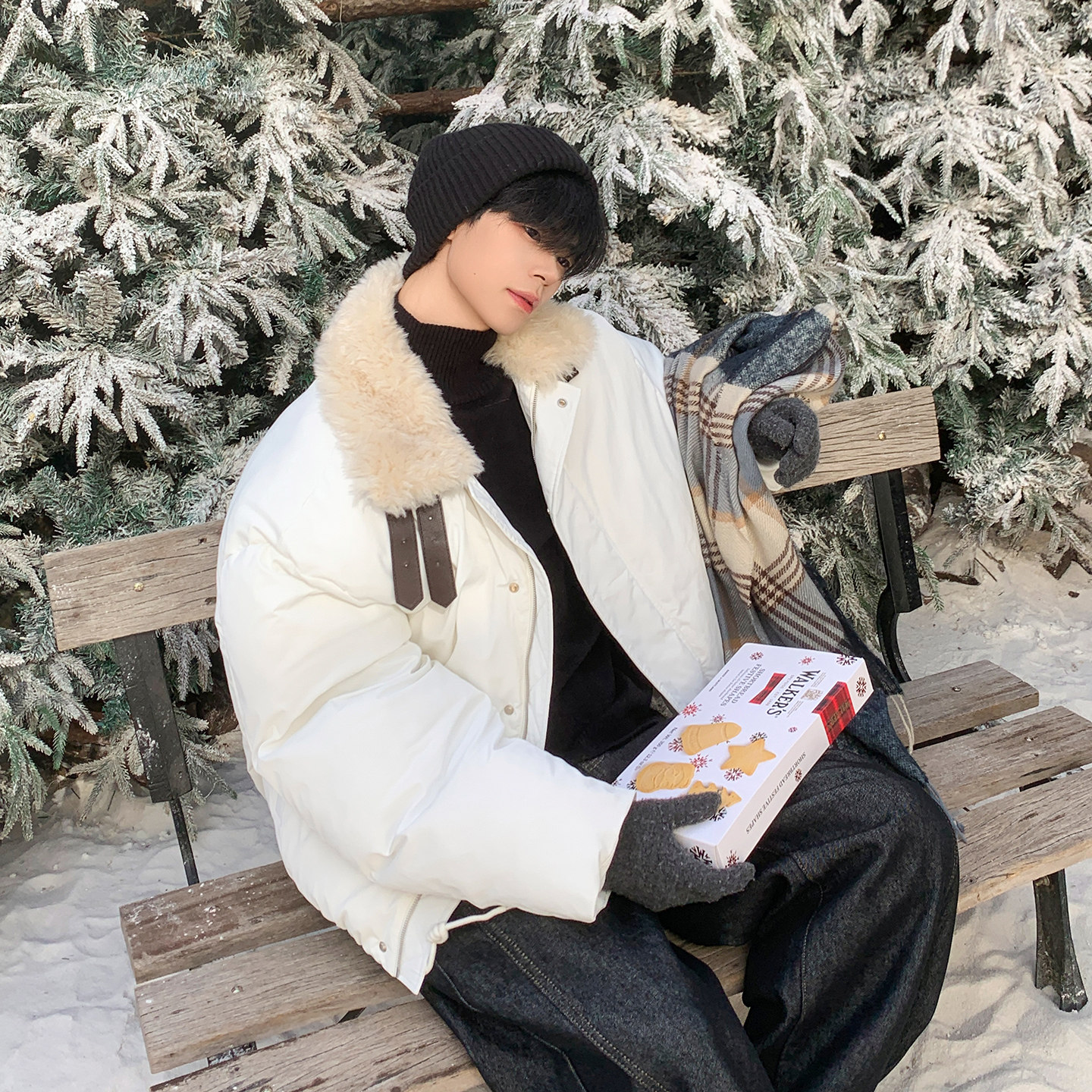 白口阳【初雪序曲】雪白撞色加厚毛领皮底派克服夹克外套保暖冬装