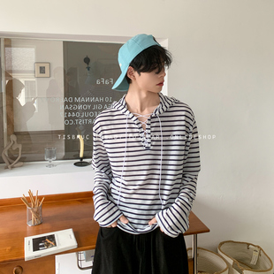 设计卫衣T恤男生 少年感V领绑带海军蓝连帽长袖 白口阳 水手信札