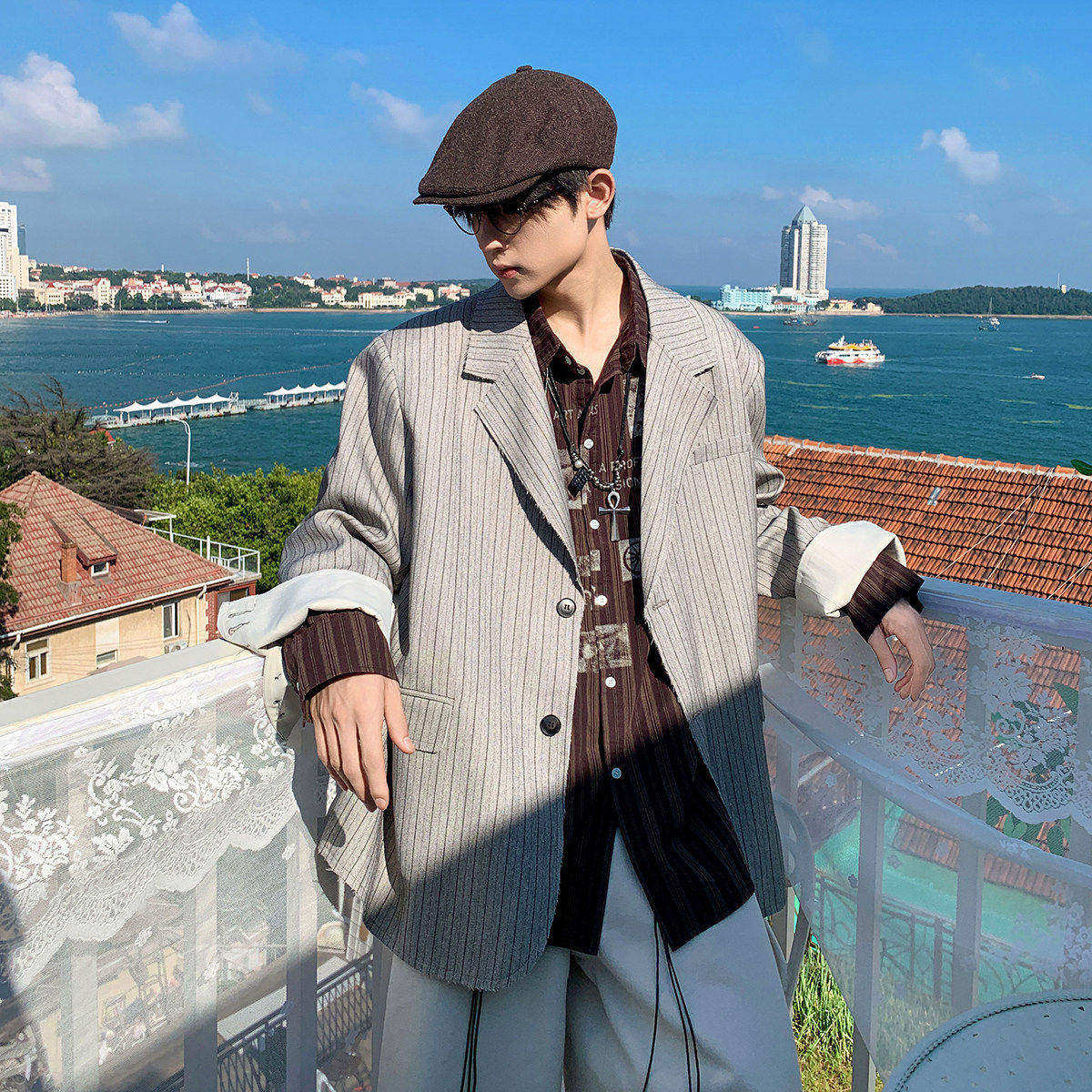 白口阳【夜上海】条纹撞色袖口毛边西装男生早秋双排扣廓形外套