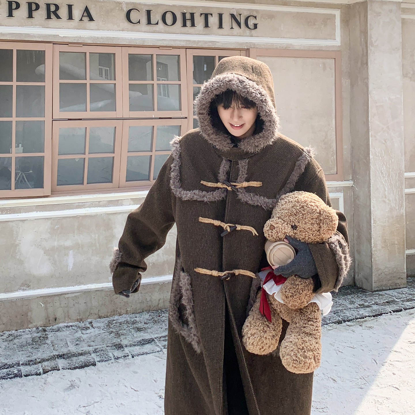 白口阳【霍比特人】复古格纹拼接绒边牛角扣加棉羊毛呢大衣外套