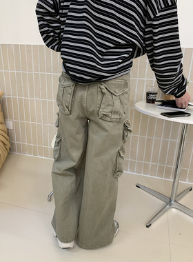 白口阳【丛林探险家】休闲工装裤男春夏季军绿色宽松多口袋直筒裤