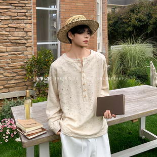 白口阳【米雾斑影】复古米黄提花破坏面料T恤立领亨利长袖高级感